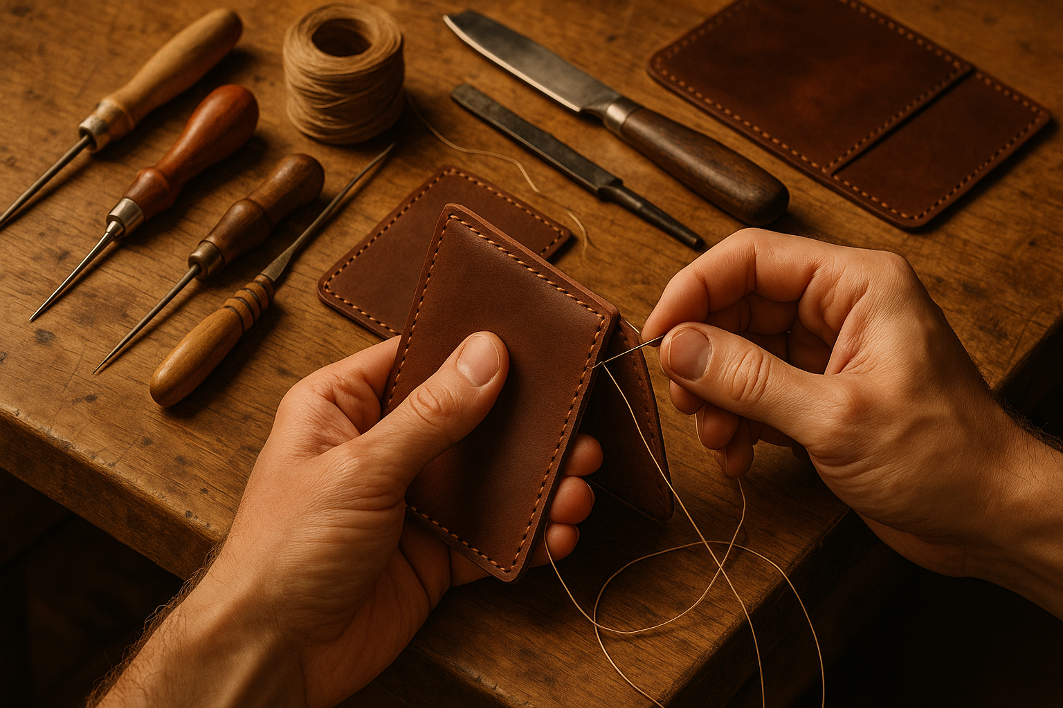 hand making leather wallet